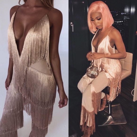 Meshki Pants - Meshki Malia Fringe Jumpsuit Nude Size XS